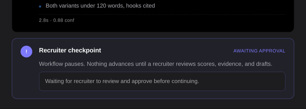A sourcing workflow mid-run: the outreach drafting stage complete with cited hooks, followed by a recruiter checkpoint awaiting approval